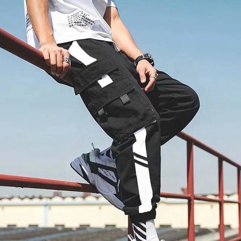 Hip Hop Cargo Pants Men Streetwear Fashion Male Elastic Waist Pant Trousers Cotton Black Joggers For Men