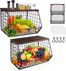 Fruit Basket Onion Storage Wire Baskets with Wood Lid Stackable Wall-mounted Countertop Tiered Kitchen Counter Organizer
