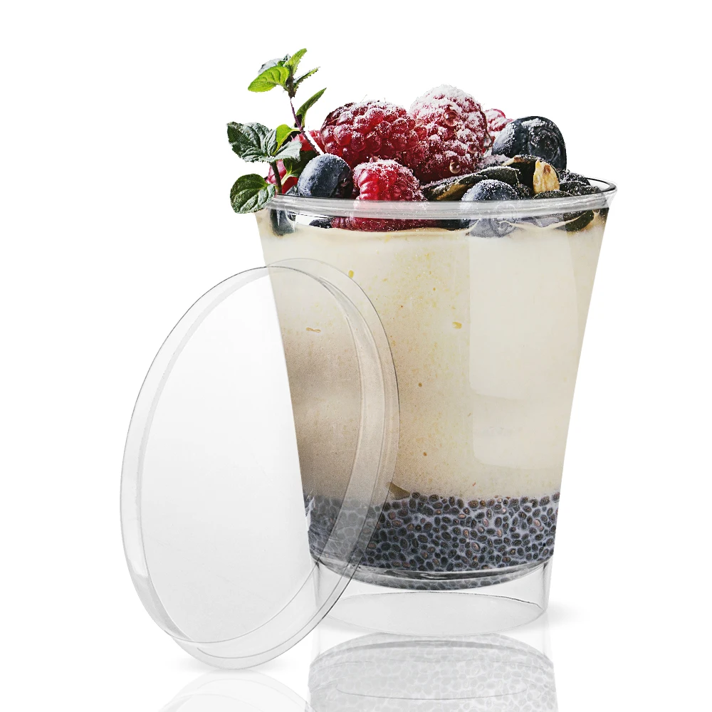 Food grade disposable transparent 10oz plastic cups with PET Flat Lid