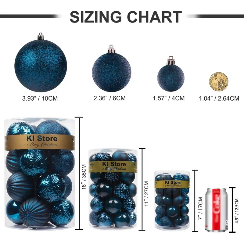 2.36-inch Set of 34 Blue Shatterproof Plastic Christmas Tree Balls Gift Box Ornaments Decorations supplies