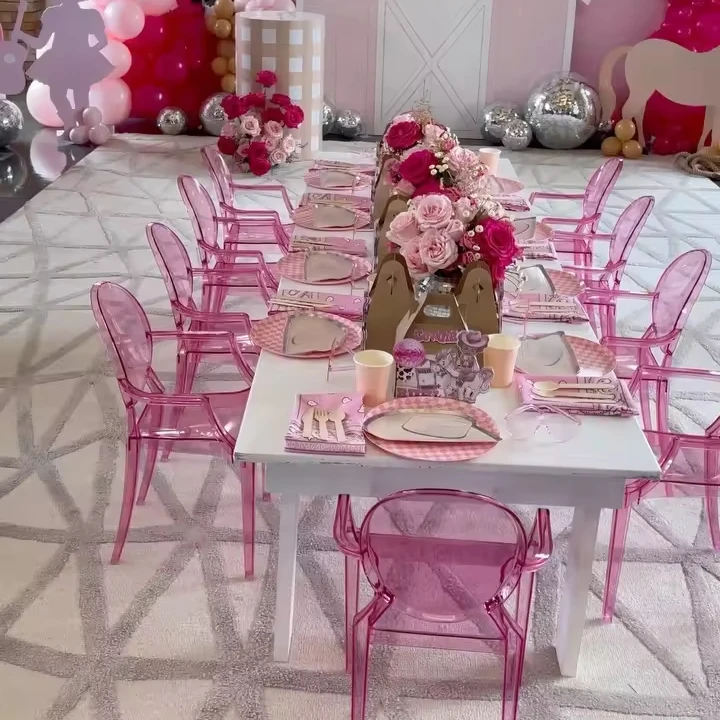 Modern acrylic plastic birthday kids study table and chairs pink colour children baby kid luxury event party ghost chair
