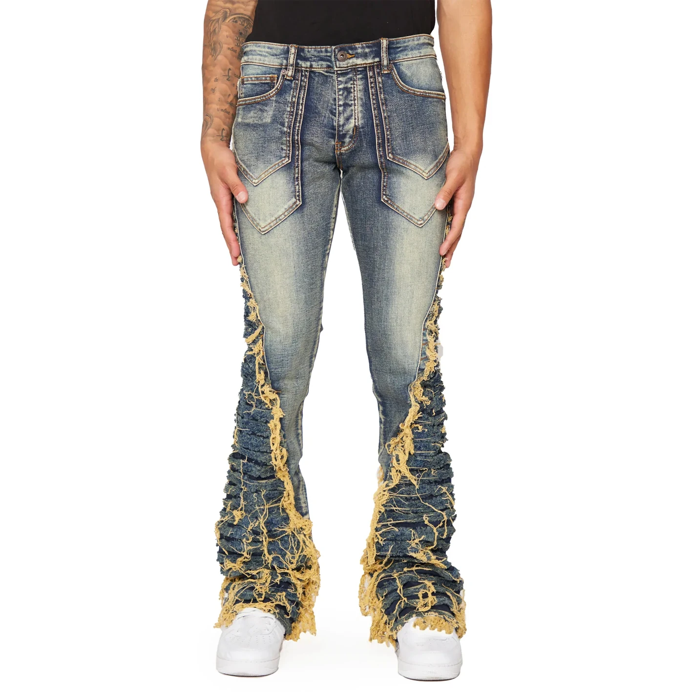 Hot Sale Fitted Shinny Wide Leg Stacked Ripped Denim Jeans Pant For Men