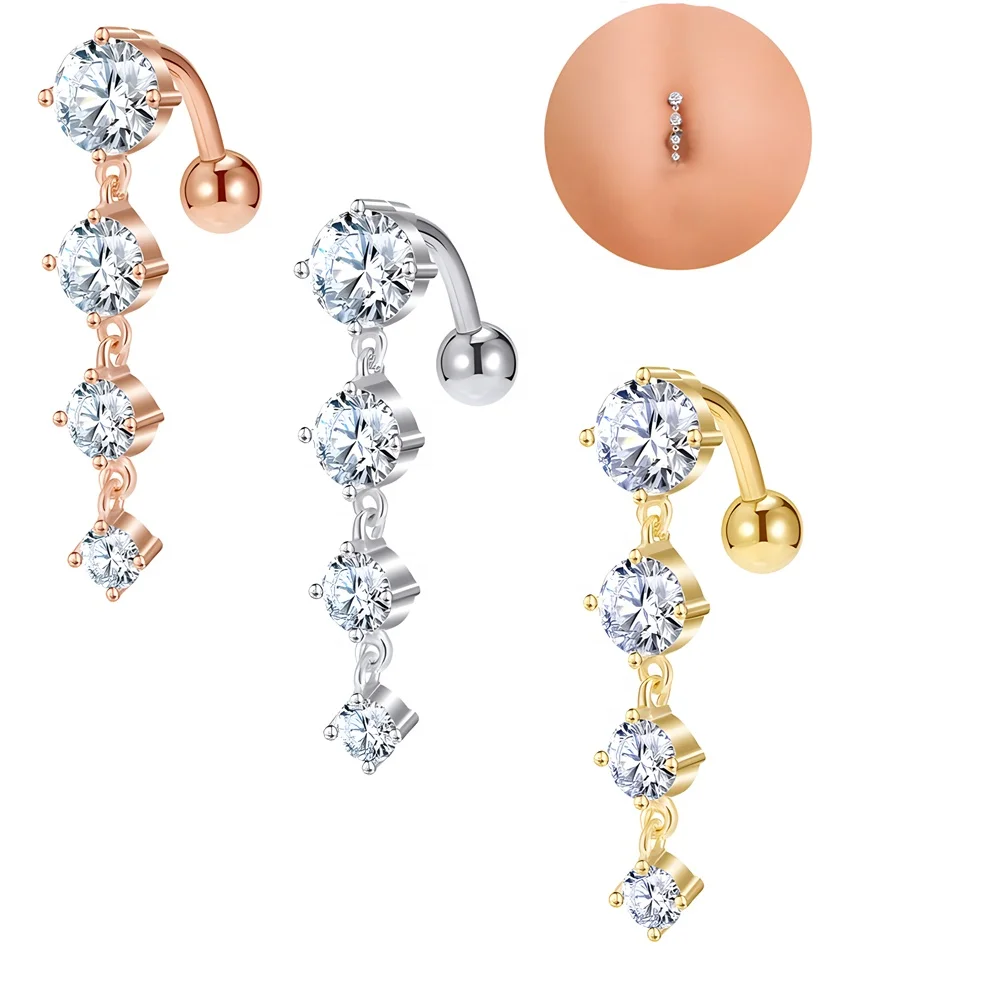 Stainless Steel Curved Barbell Zircon Navel Rings Upturned Dangling Belly Piercing Belly Button Ring