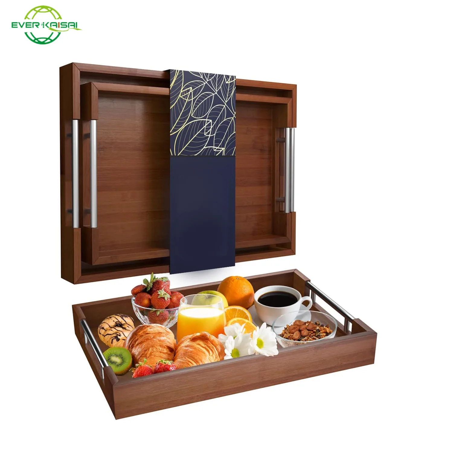 A set of 2 Modern Bamboo Trays  with Metal Handles, Dark Brown Wooden Pallets for Entertainment and Food Supply, Kitchenware set