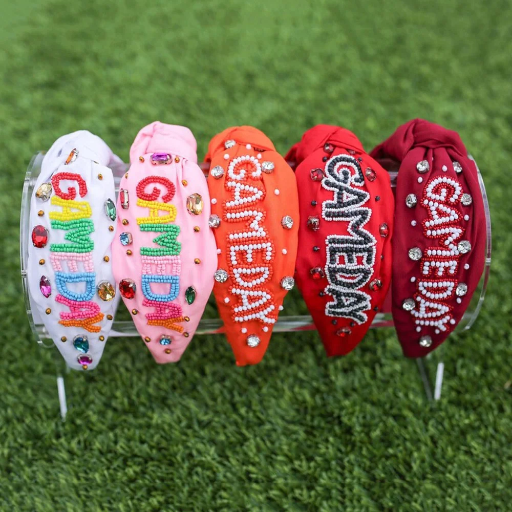 Fashionable  Game Day Hair Accessories Crystal GAMEDAY Knotted Headband Seed Bead Knot Headbands
