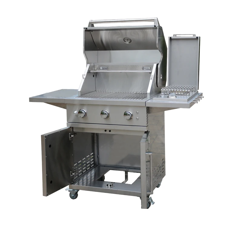 Barbecue Gas Grill High End Stainless Steel 3 Main Burners Stainless Steel Barbecue Grill Outdoor Trolley