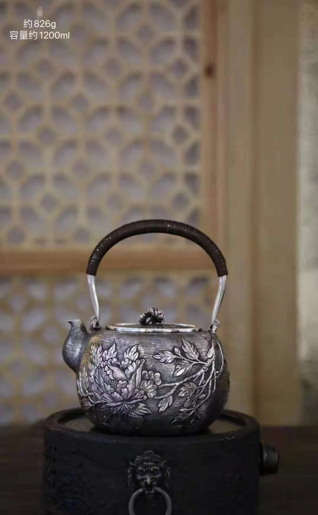 Antique Chinese heritage hand-carved tea set Large-capacity Du Dan embossed kettle