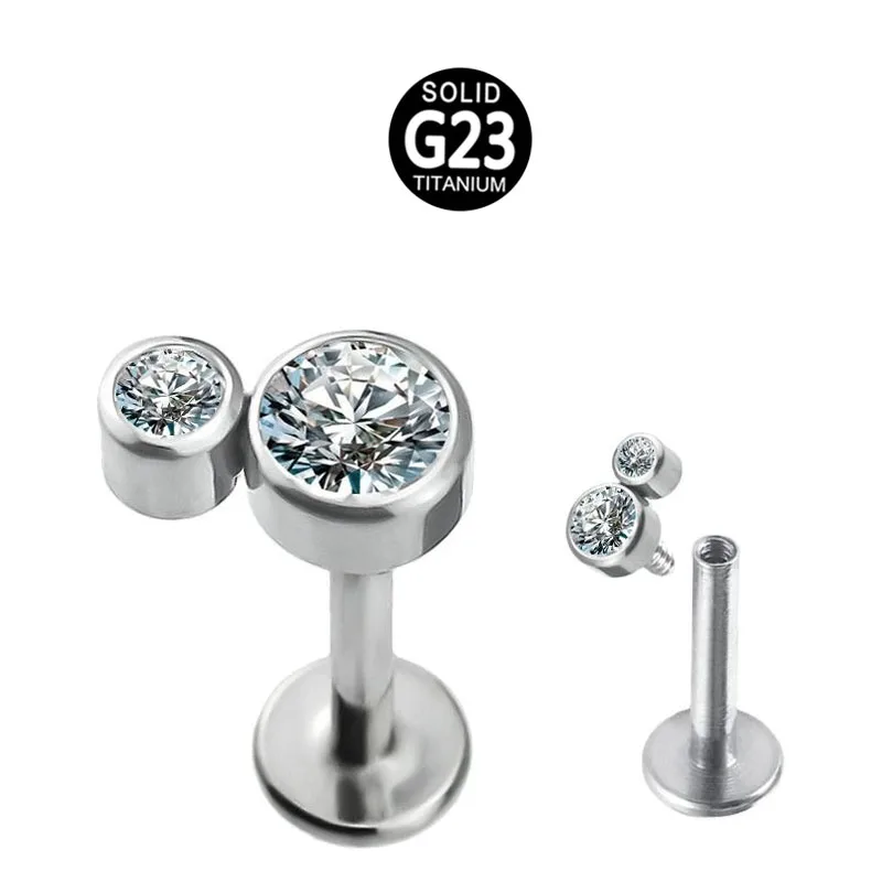 Hot Sale ASTM F136 Titanium Body Piercing Jewelry Internally Threaded Bezel Set 2-CZ Stone Clearuster Top Labret