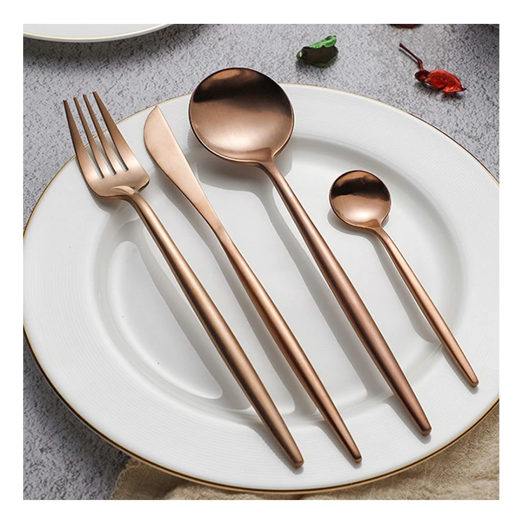 Luxury 18/10 stainless Pink dinner Serving Spoons Buffet Dark Gold Flatware Set 5 Pieces Cutlery For Home