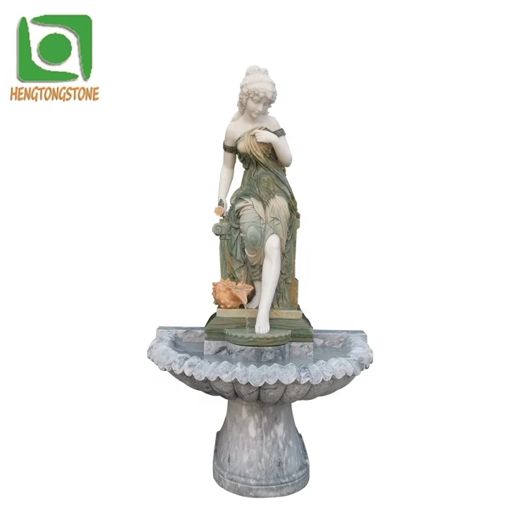 Garden Decoration Hand Carved White Marble Angel and Flower Pattern Engraving Round Stone Water Fountain
