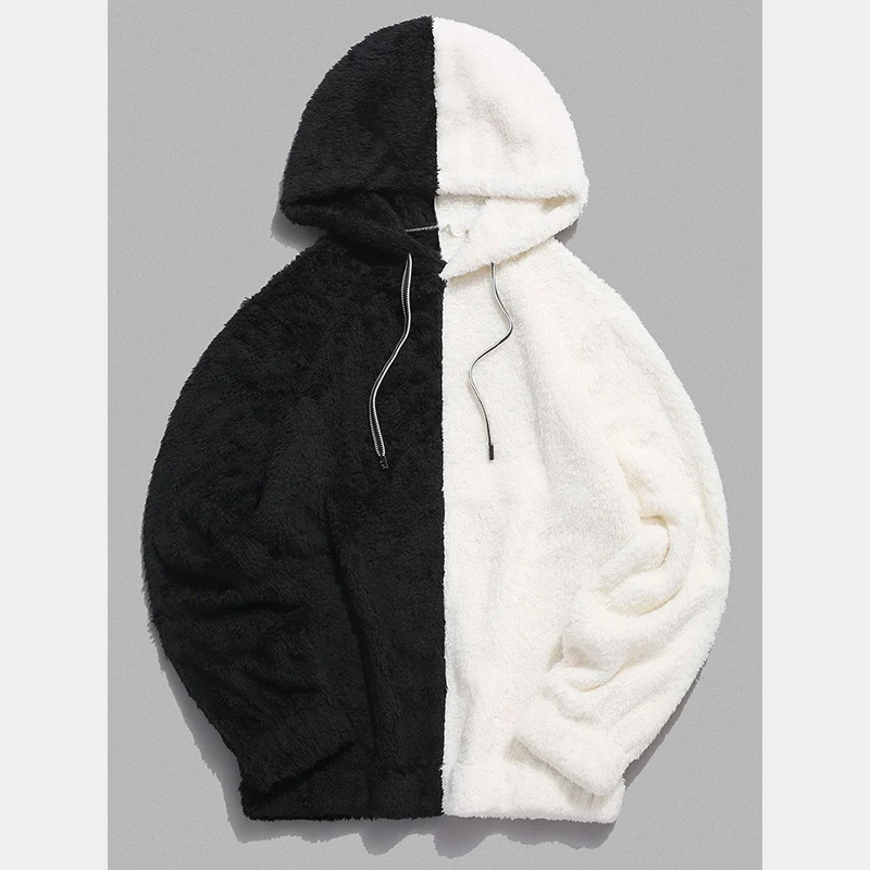 Mens Winter Clothing 2022 Custom Heavy Faux Fur Fluffy Warm Hoodies Unisex Oversized Sherpa Fleece Pullover Two Tone Hoodies