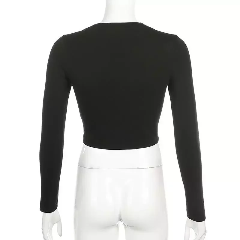 Women Long Sleeve Sexy Crop Tops Tees Summer Autumn T-shirt Top Deep V Solid Neck