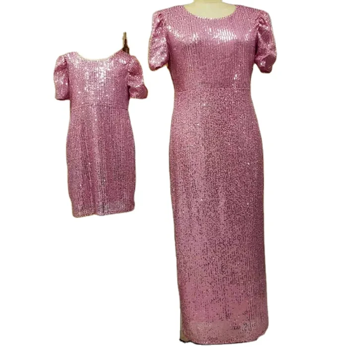 New girls pink party dress adult kids clothing sequin mother and daughter matching wedding christmas new year party dresses