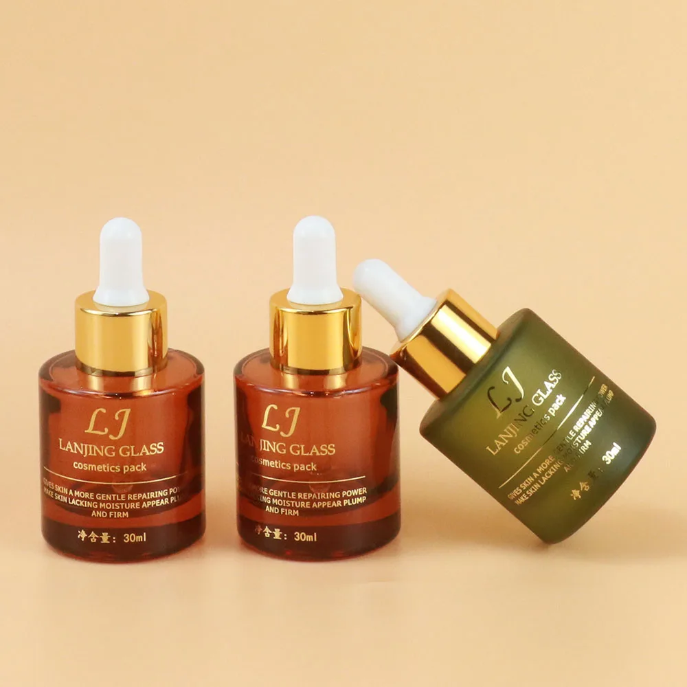 Wholesale Red Glass Flat Shoulder Skin Care Packaging Bottle with Dropper Cap for Skincare 30ml