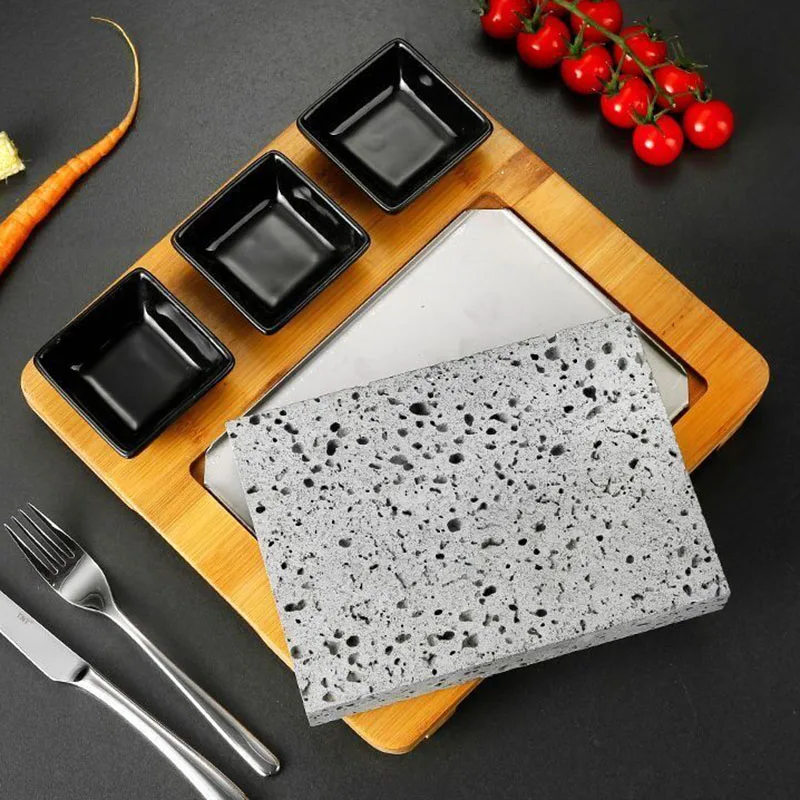 Lava Hot Steak Stone Plate Tabletop Grill Lava Rock Indoor BBQ Hibachi Grilling Stone w Ceramic Side Dishes and Bamboo Platter