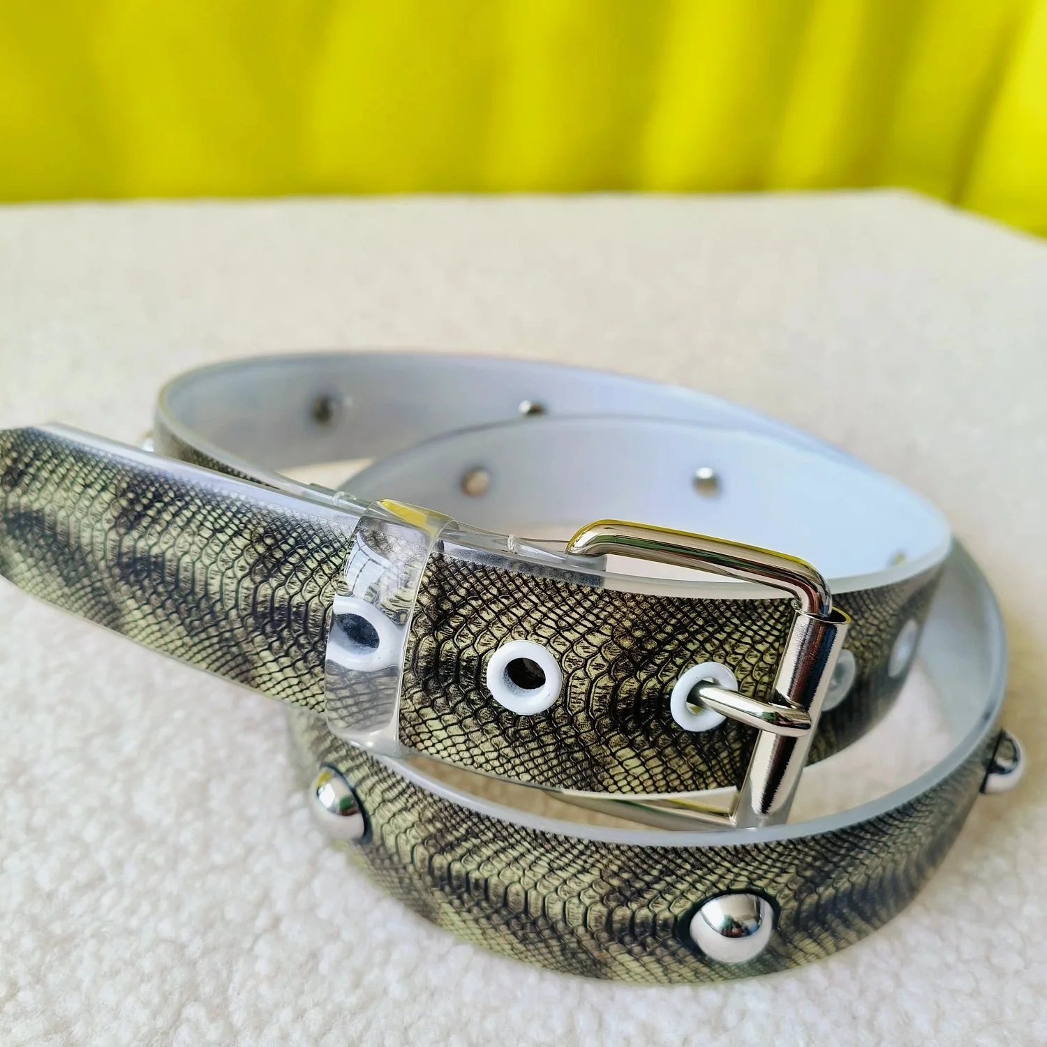 Fashion Transparent Women Belt for Jeans & Dresses Snake Pattern Digital Printing With Studs Classic Metal Buckle