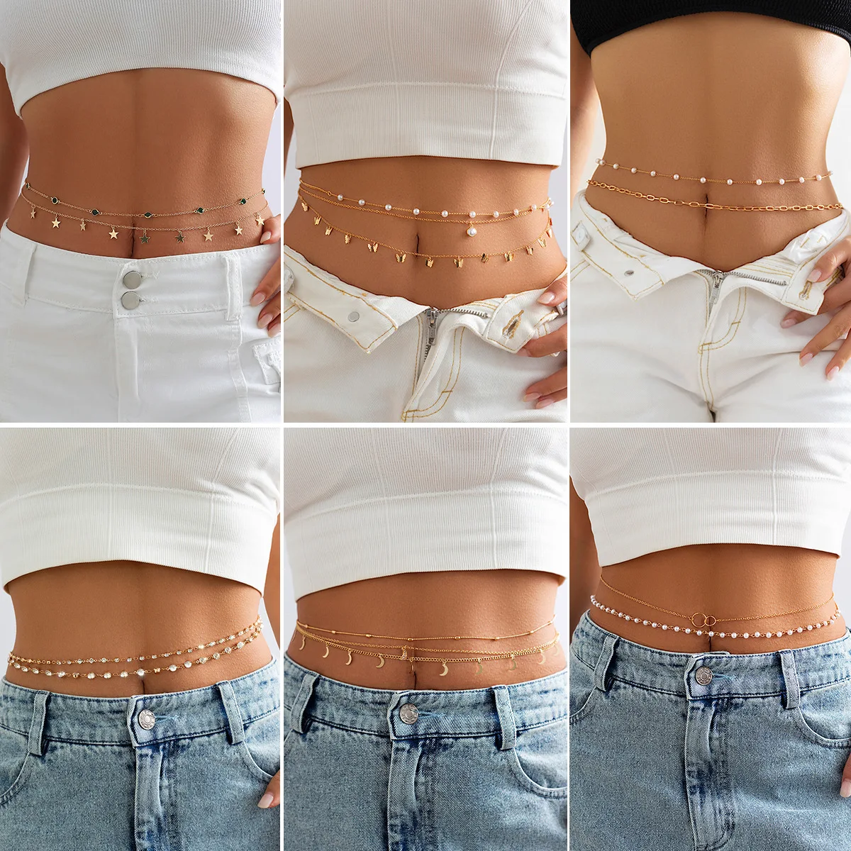 Girls Trend Sexy Rhinestone Belly Dance Waist Chain Butterfly Multilayer Tassel Waist Chain Moon Star Pearl Charm Body Chain