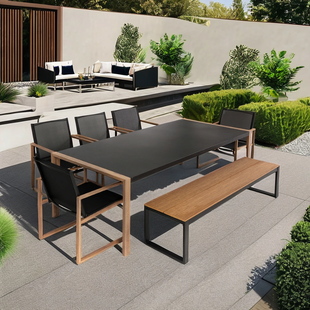 Modern dark grey aluminum outdoor garden furniture heat hot transfer printing armrest leg dining table chair set with long bench