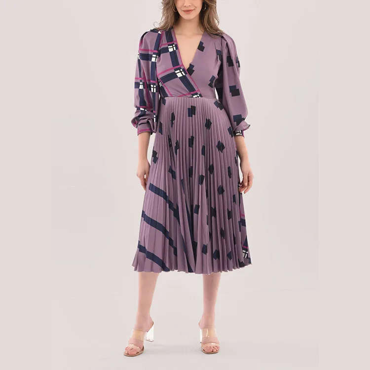 Pleated Print Midi Dress 100% Polyester Satin Skirt Gathered Shoulder Dress V-Neckline Calf Length Dress