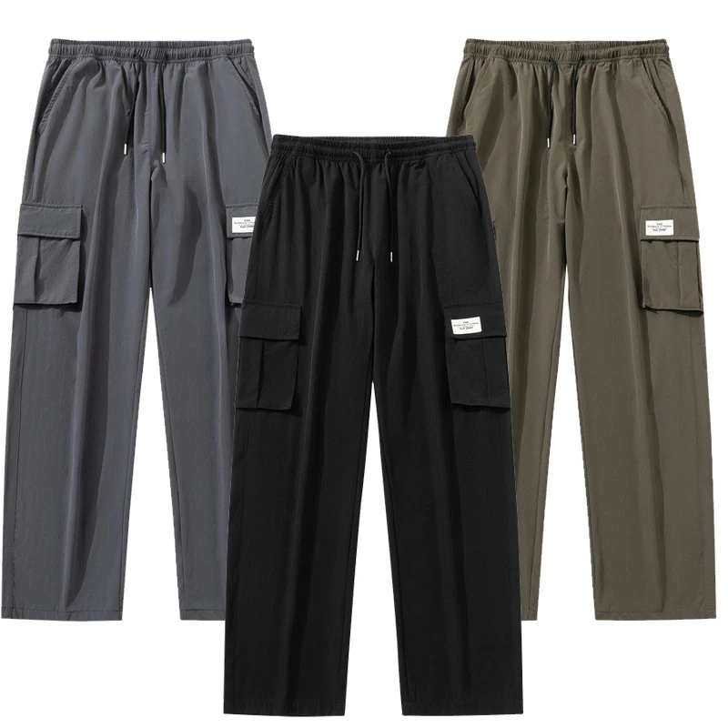 men straight pants new design pocket quick dry elastic waist ice silk custom plus size loose trousers cargo pants with pocket