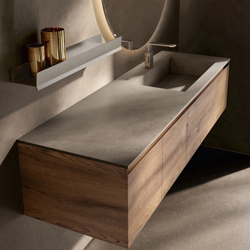 Modern Vintage Original Wood Color Rock Board All-in-One Basin Quiet Bathroom Cabinet