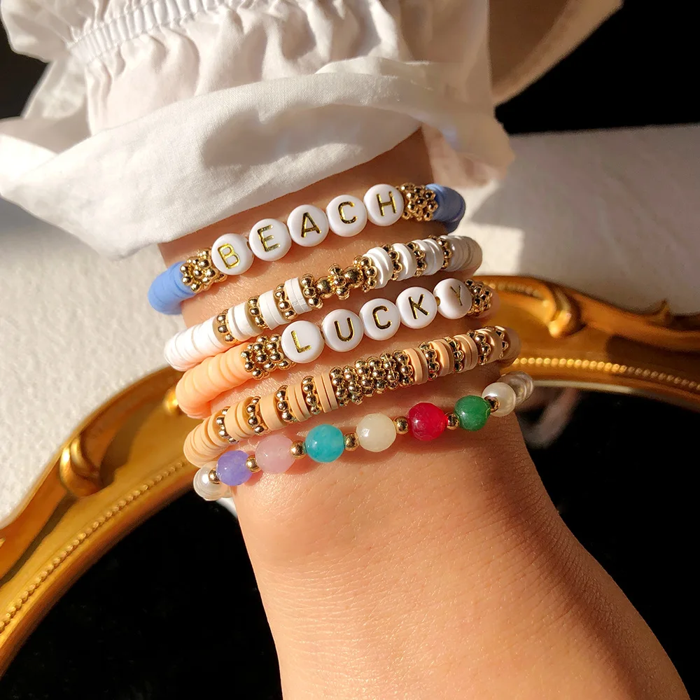 SHIHAN Bohemian Colorful Polymer Clay Acrylic Letter Love Beach Mama Lucky Beads Bracelets