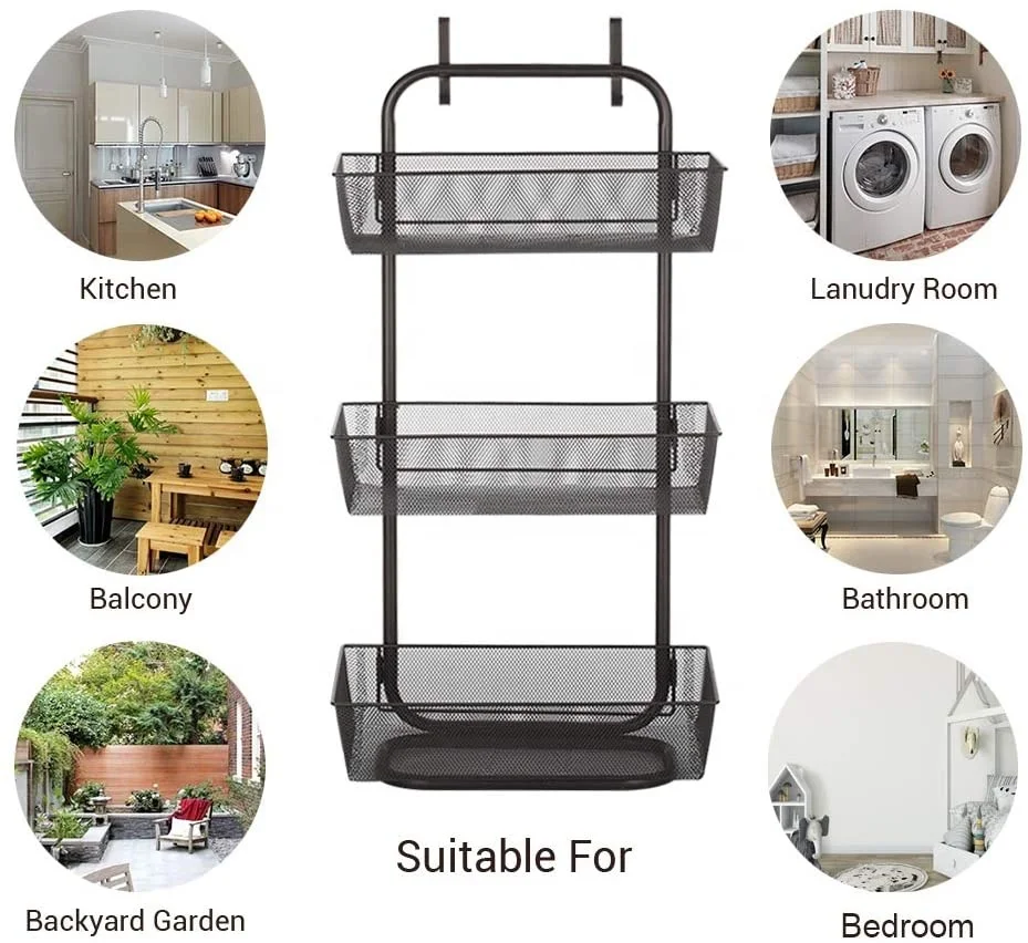 Over the Door Metal Organizer 3-Tier Hanging and Free Standing Mesh Storage Basket Rack Shelf for Kitchen