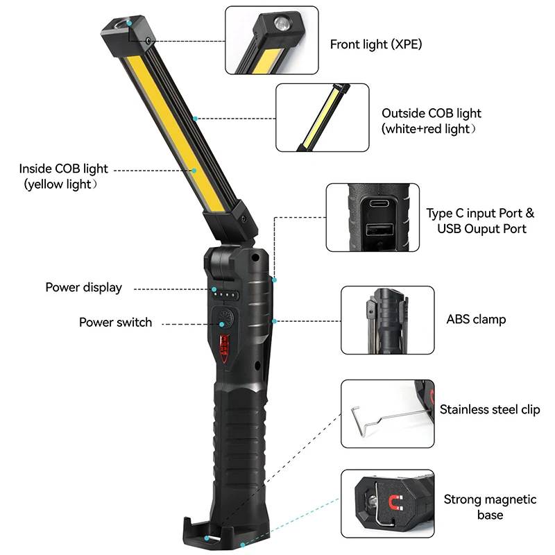 Portable USB rechargeable COB LED work light emergency magnetic Base Mechanic Working light High bright Repair Lamp