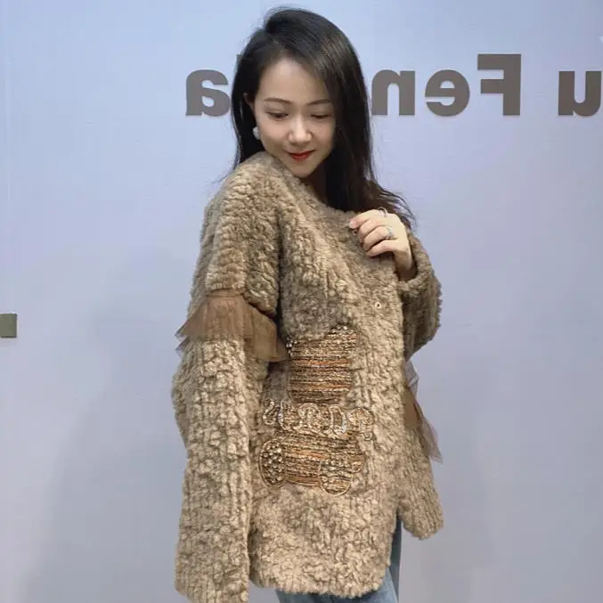 Lace Splicing Imitation Mink Fur Jacket for Women Crew Neck Fluffy Coat Female Winter New Loose Fur Integrated Jacket