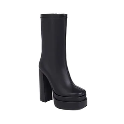 Winter Anti-cold High Toe Platform Boots Stone Print PU Patent Leather Square Toe Black High Heel Ankle Boots for Women Zip 43