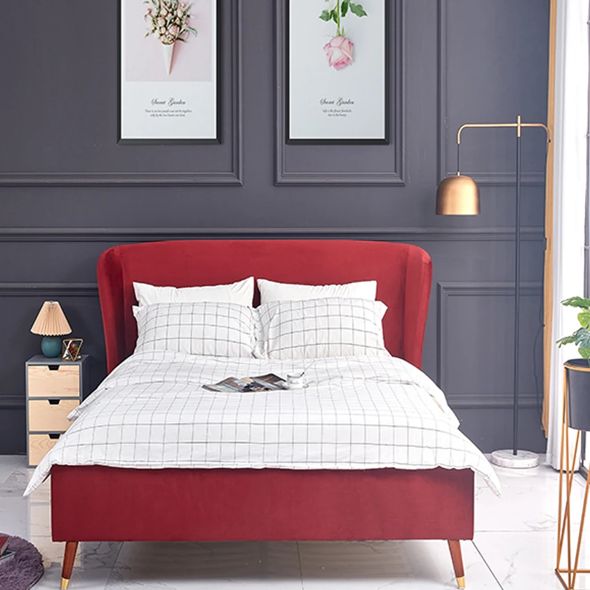 wholesale bedroom furniture factory price upholstered velvet wood frame fabric bed with wood legs