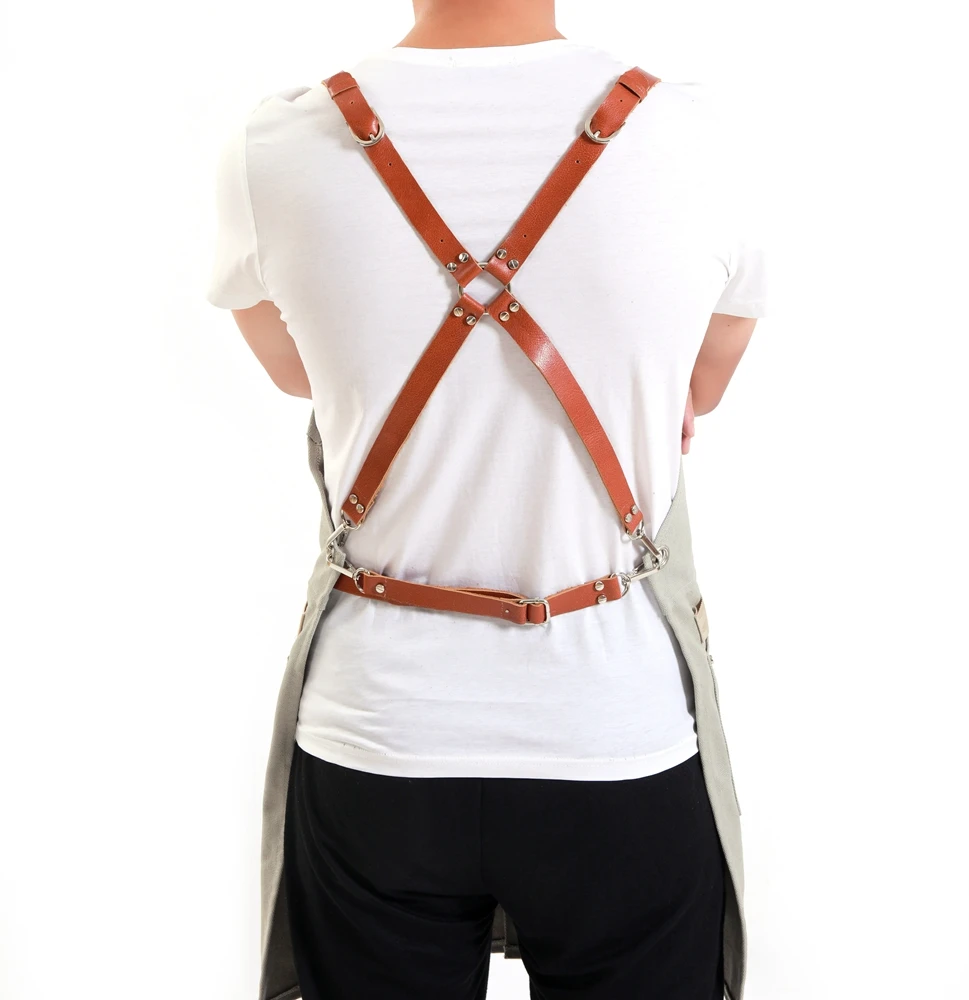 
Durable Twill Cross Back Barber Gray Apron Split Leg Adjustable Bartender Aprons 