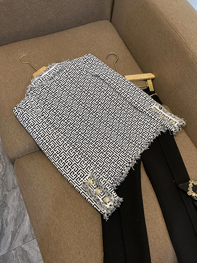 Hot Sale Tassels Edge Retro Black White Coat Long Sleeve Geometric Pattern Knit Cardigan Women Short Jacket