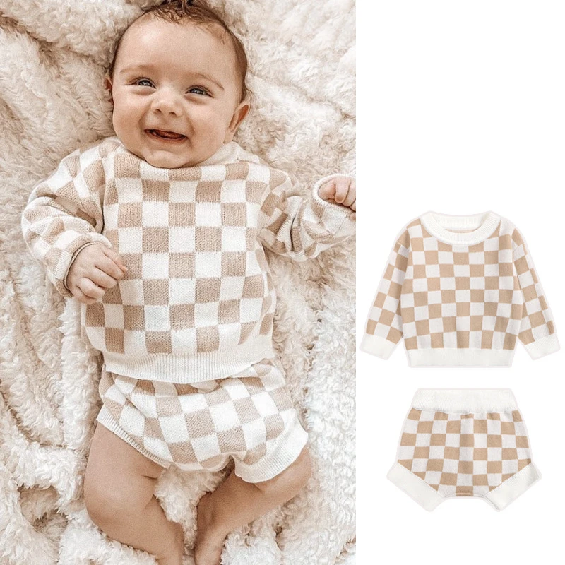 Autumn Winter Newborn Casual Plaid knit Sweater Set Kids Checkerboard Sweater Bloomer Outfits Baby Clothing Sets