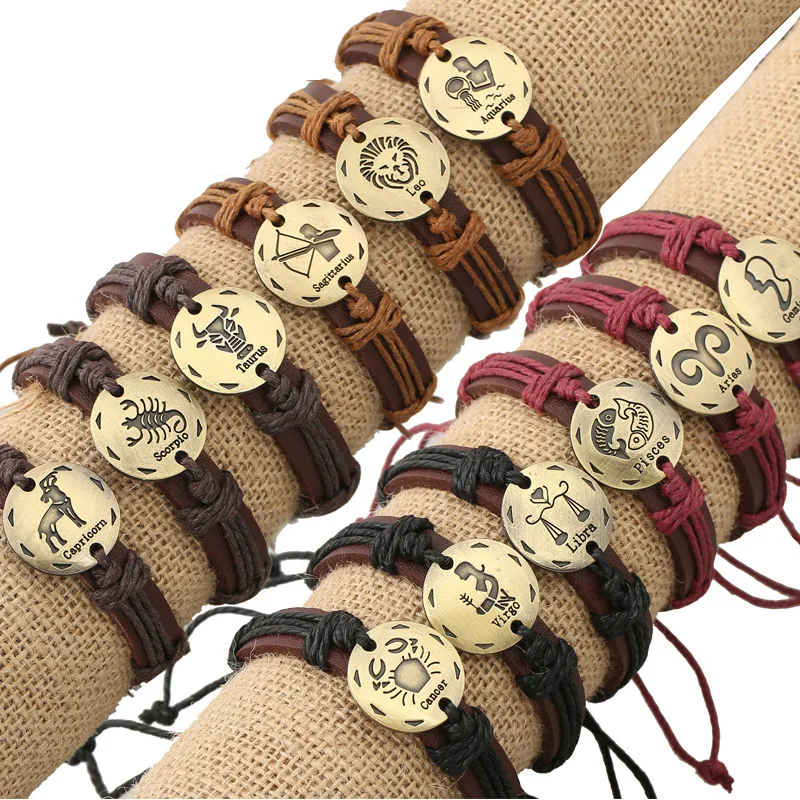 Fashion 12 horoscopes Zodiac Sign Bracelet Black Leather Bracelet for Men