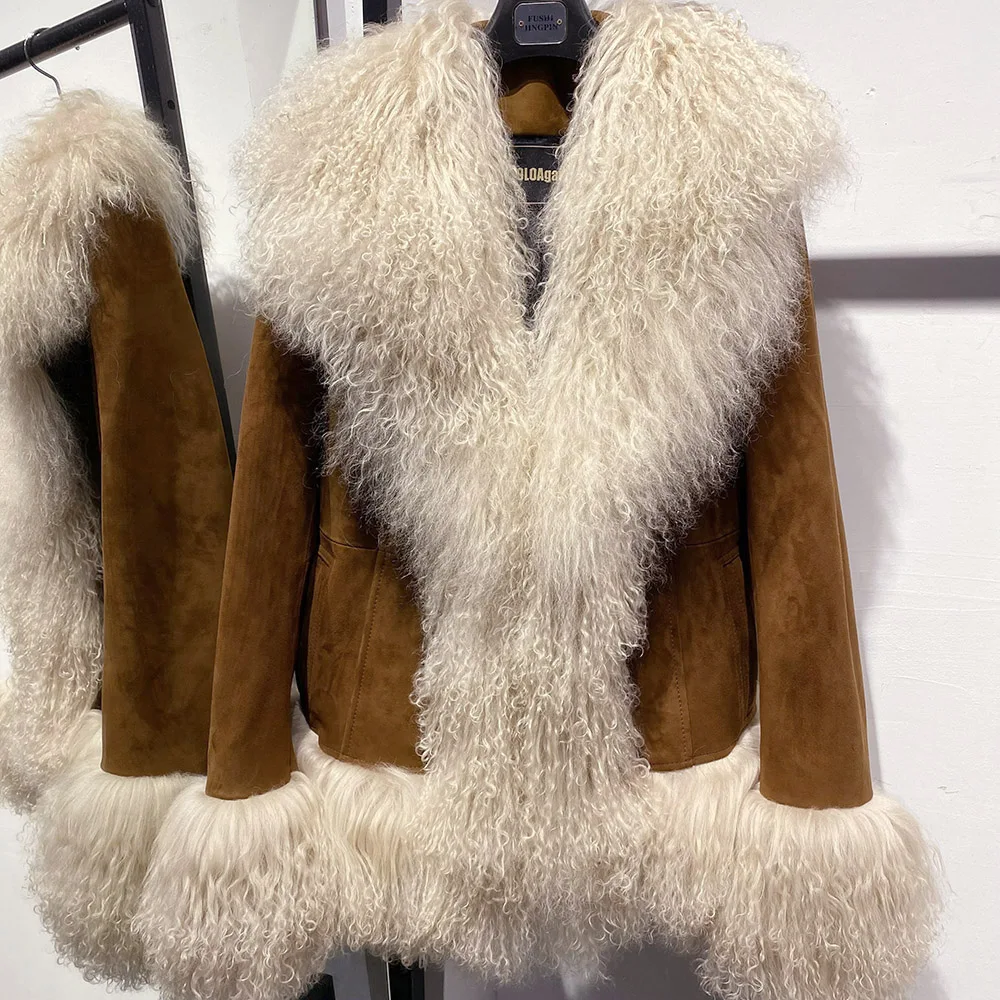 Black Mongolia Sheep Fur Collar Coat Sheepskin Leather Coat Real Leather Jacket For Women  2024 Winter Outerwear