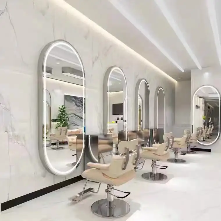 Trendy wall mounted makeup mirror hair salon dedicated minimalist with LED light hair clipper hair salon mirror