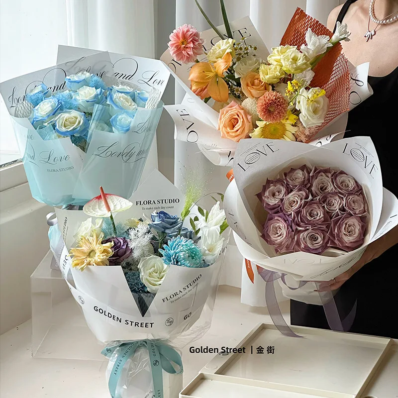 Fall In Color Wholesale Cheap Korean Style Love Printing Fresh Flower Packaging Paper White Simple Bouquet Wrapping Paper