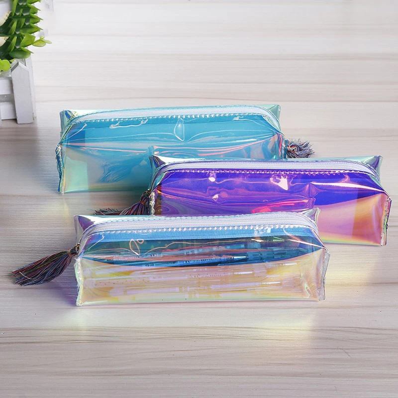 Custom Waterproof School Stationery Office Pencil Case Zipper Pen Pouch Women Travel Holographic Iridescent PVC Cosmetic Bag