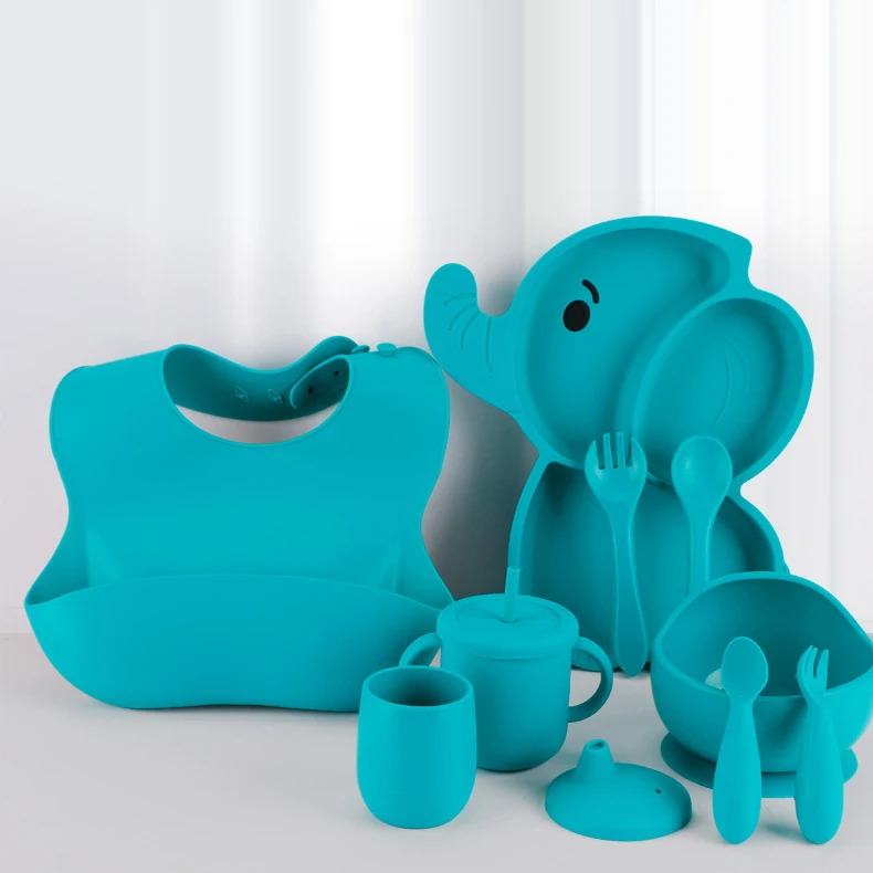 Soft Silicone Baby Suction Plate Bowl Bib Drinking Mug Cup Spoon And Fork Set Kids Feeding Tablewares