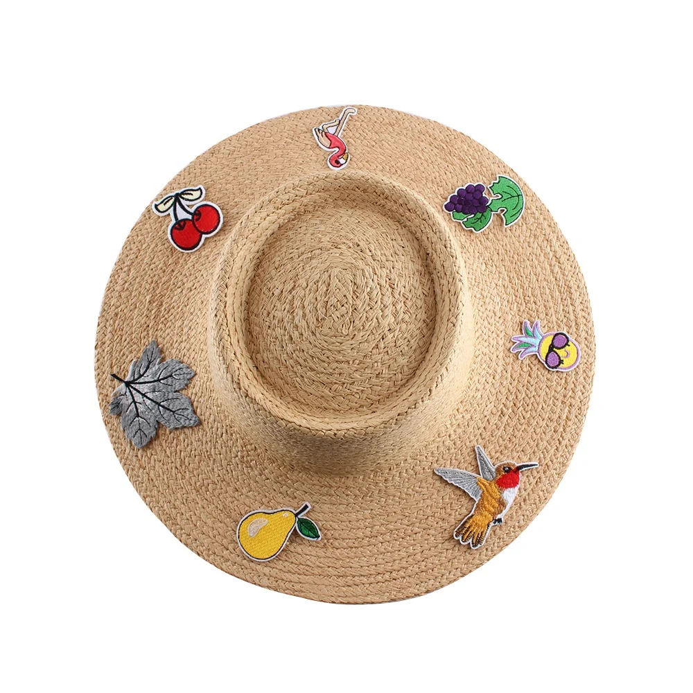 Fashion Lafite Straw Hat Summer Flat Top Embroidery Large Eaves Sunscreen Net Red Holiday Hat