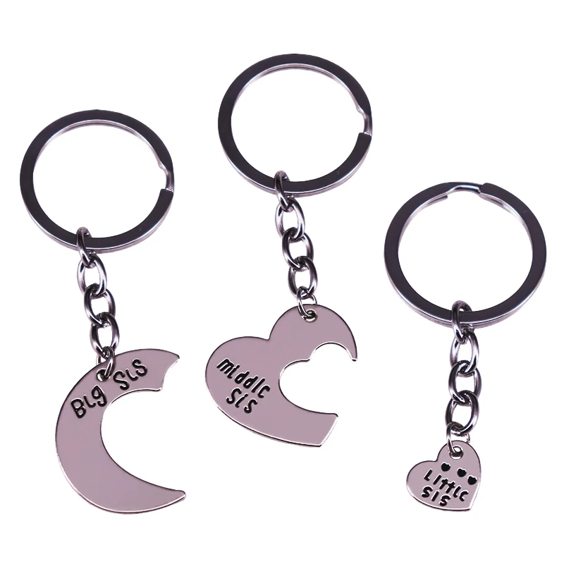 3pcs Big Sis Middle Sis Little Sis Love Pendant Keychain Set Fashion Jewelry Accessories