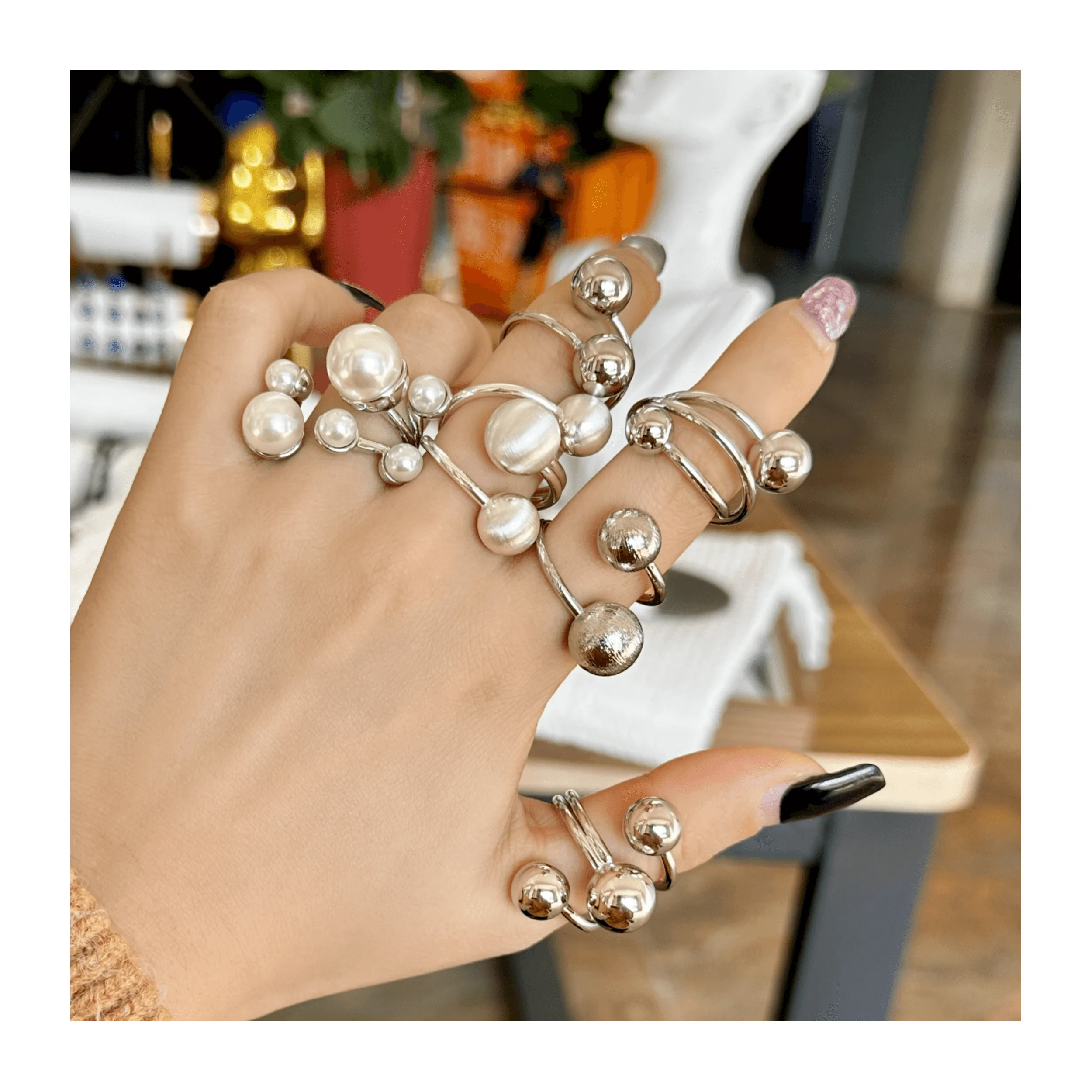 smooth shining wire drawing freshwater pearl Thermosphere ball shape with 925 silver plated copper adjustable rings for women