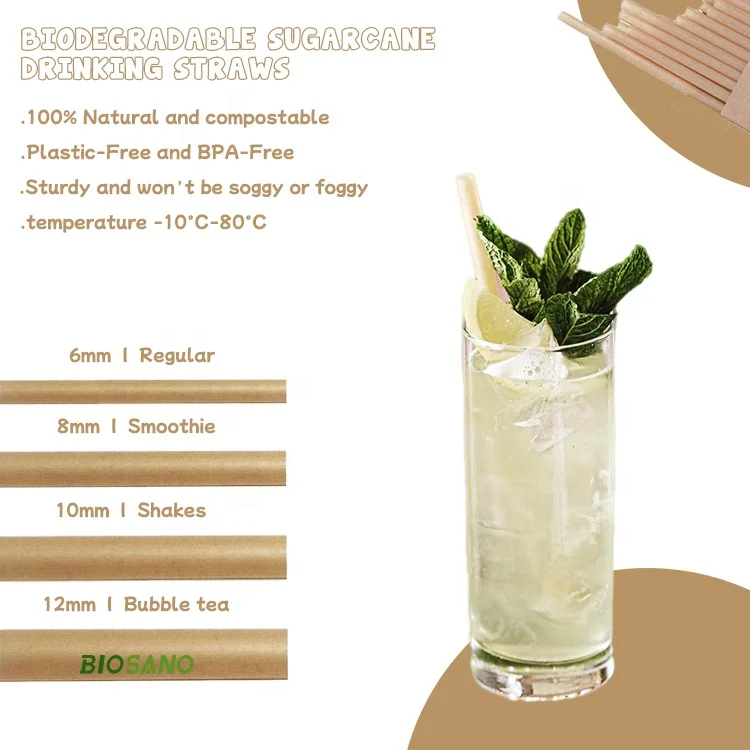 BIOSANO 6mm 8mm 10mm 12mm Sugarcane Bagasse Straws Biodegradable Plastic Free Eco-Friendly Compostable Drinking Shakes Straw