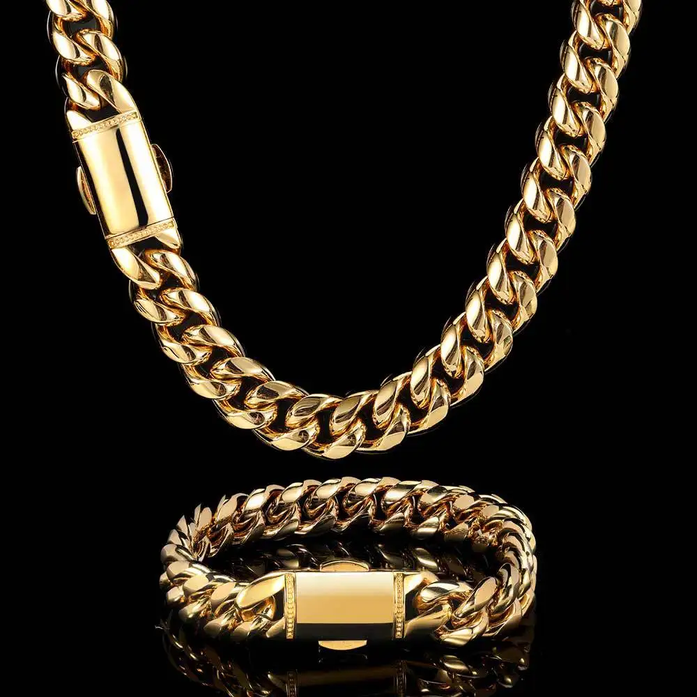 SALE Factory Price 12mm Hip Hop 18k Gold Plated Jewelry Stainless Steel Cuban Link Chain Gold Necklace Bracelet set For Men