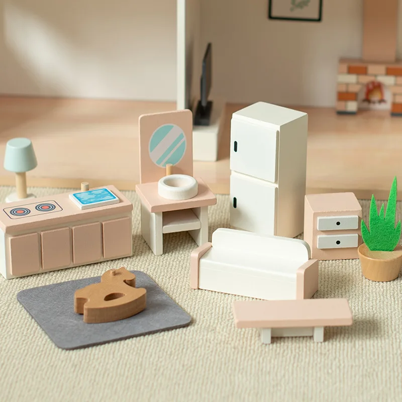 Kids Two Layer Doll House Toy Educational Role Pretend Play Simulation Nordic Style Wooden Dollhouse Furniture Girls Villa Toys