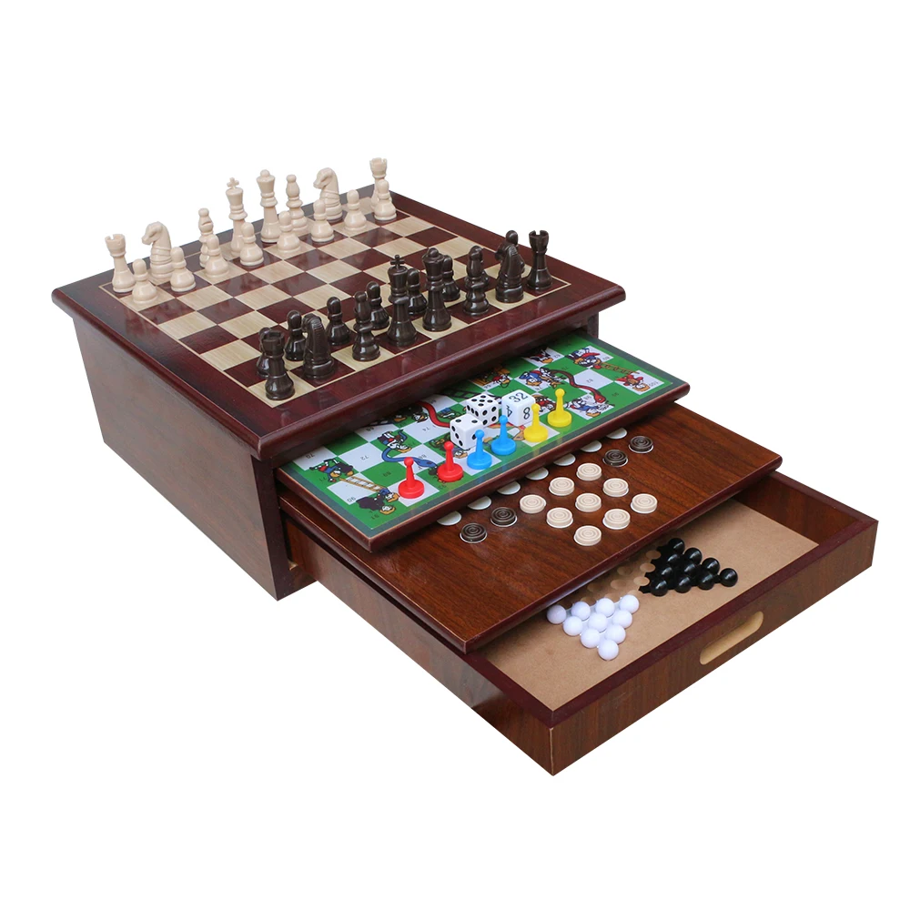 10-in-1 Tabletop Game Center Portable Wooden Combo Board Unique Set with Dice Dominos Playing Cards Game Pieces for Kids Adults