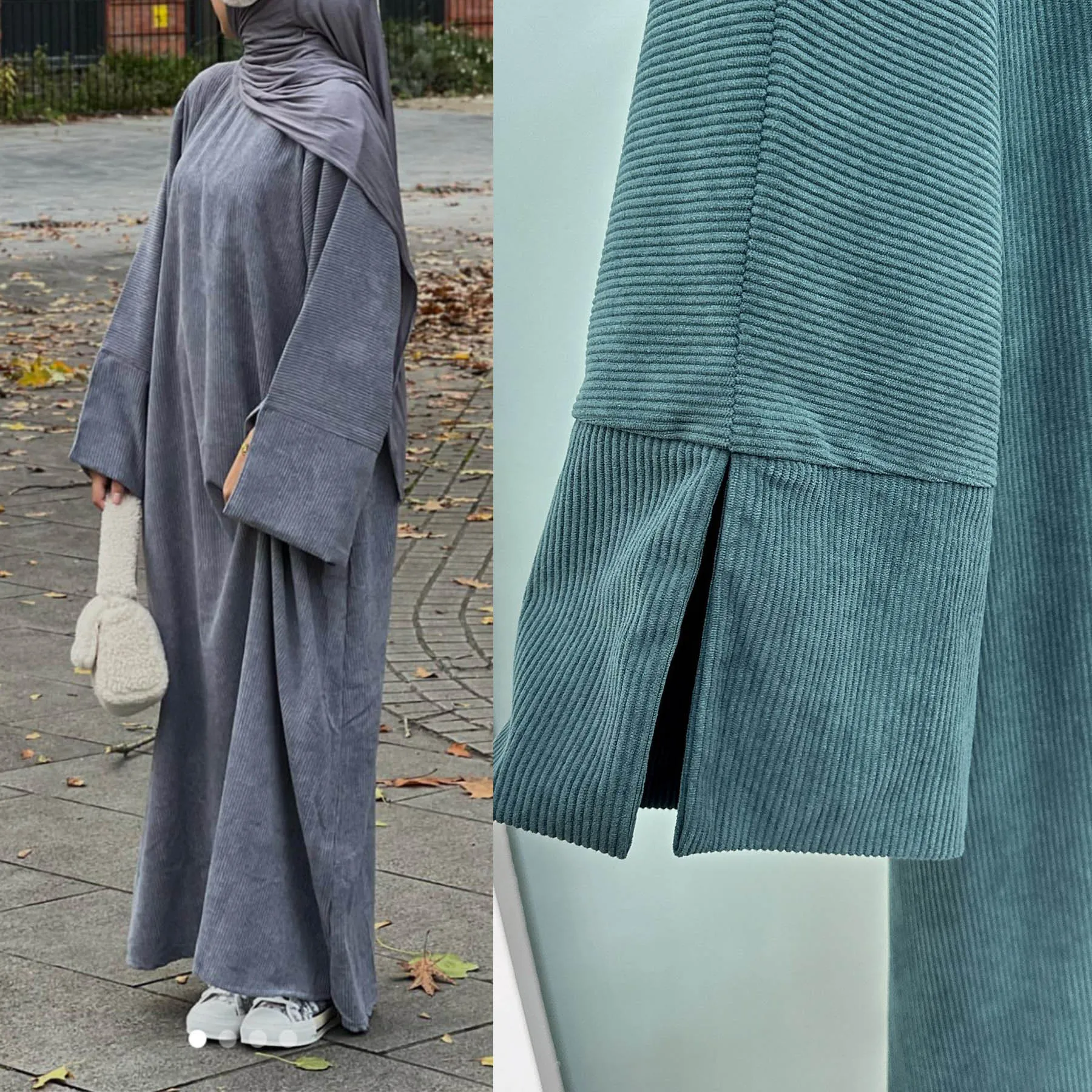 Yibaoli Manufacturer gray and green modern corduroy velvet winter dress islam abaya dubai women