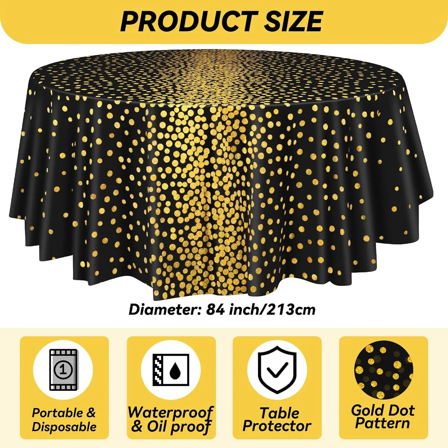 Plastic Tablecloth Waterproof Round Table Cover Gold Polka Dots Disposable for Outdoor Modern Table Decoration Printed Knitted