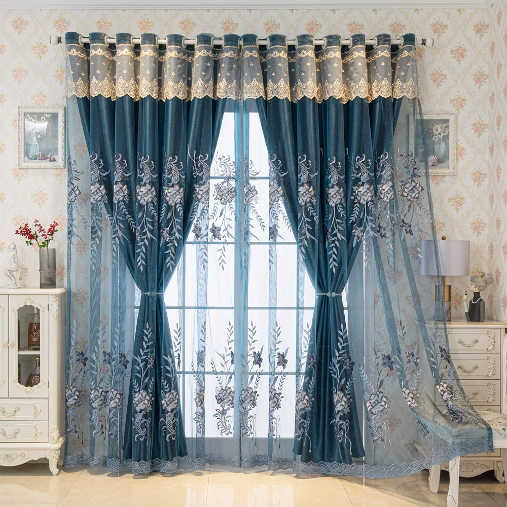 European Lace Embroidery Luxury Curtains for the Living Room, Black Out Window Sheer Home Curtain Fabrics for Room